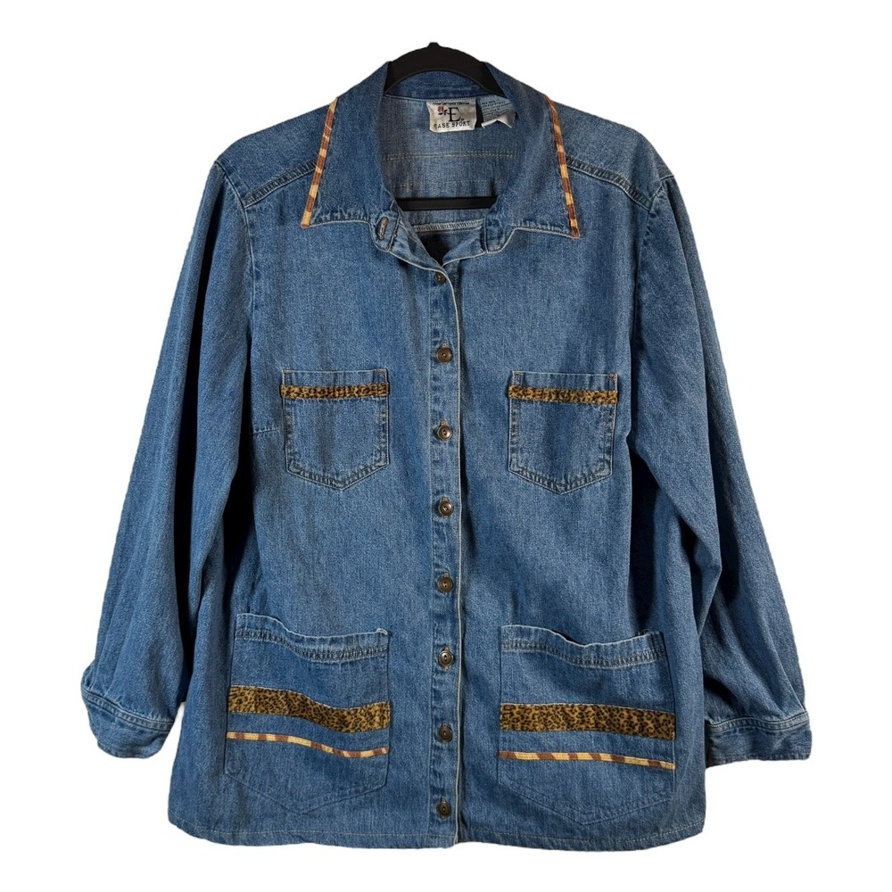 Ease Sport Women's 18W Denim Button Shirt Jacket Blue Leopard Trim Western